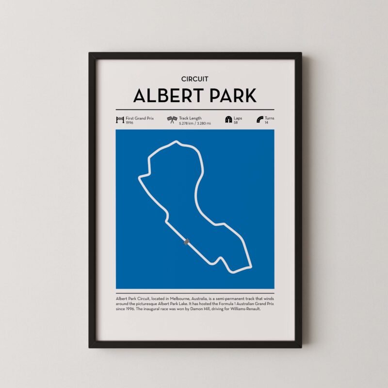 albert park racing circuit wall art featuring a clean and modern F1 track map layout