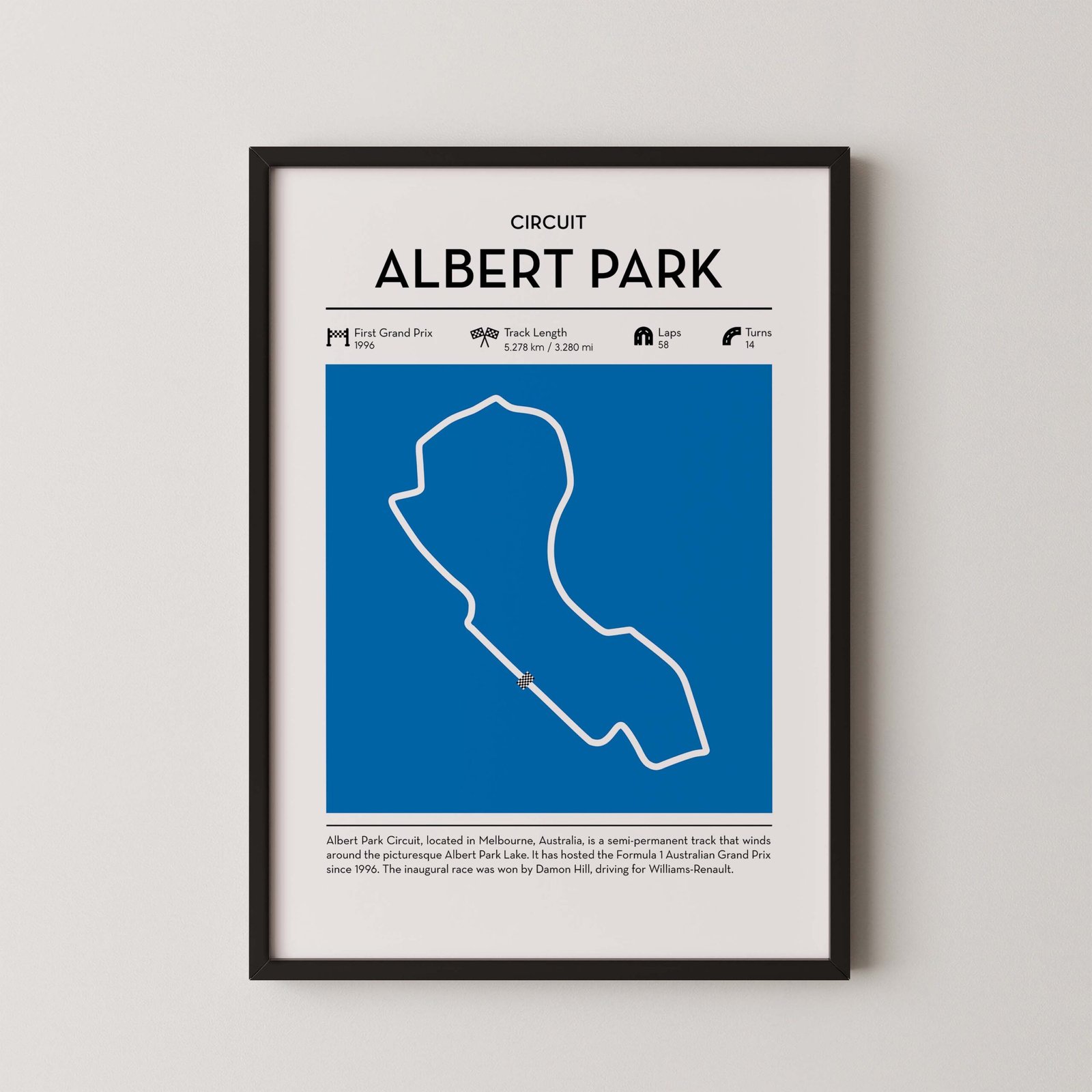 albert park racing circuit wall art featuring a clean and modern F1 track map layout