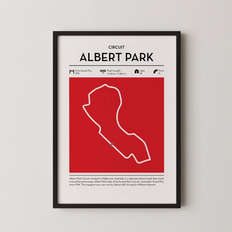 albert park Formula 1 circuit map poster in red color minimalist racing wall art