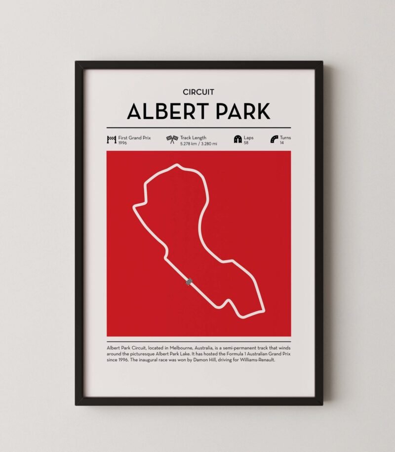 albert park Formula 1 circuit map poster in red color minimalist racing wall art