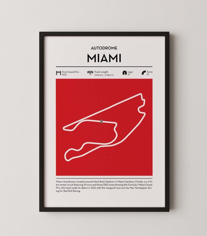 miami Formula 1 circuit map poster in red color minimalist racing wall art