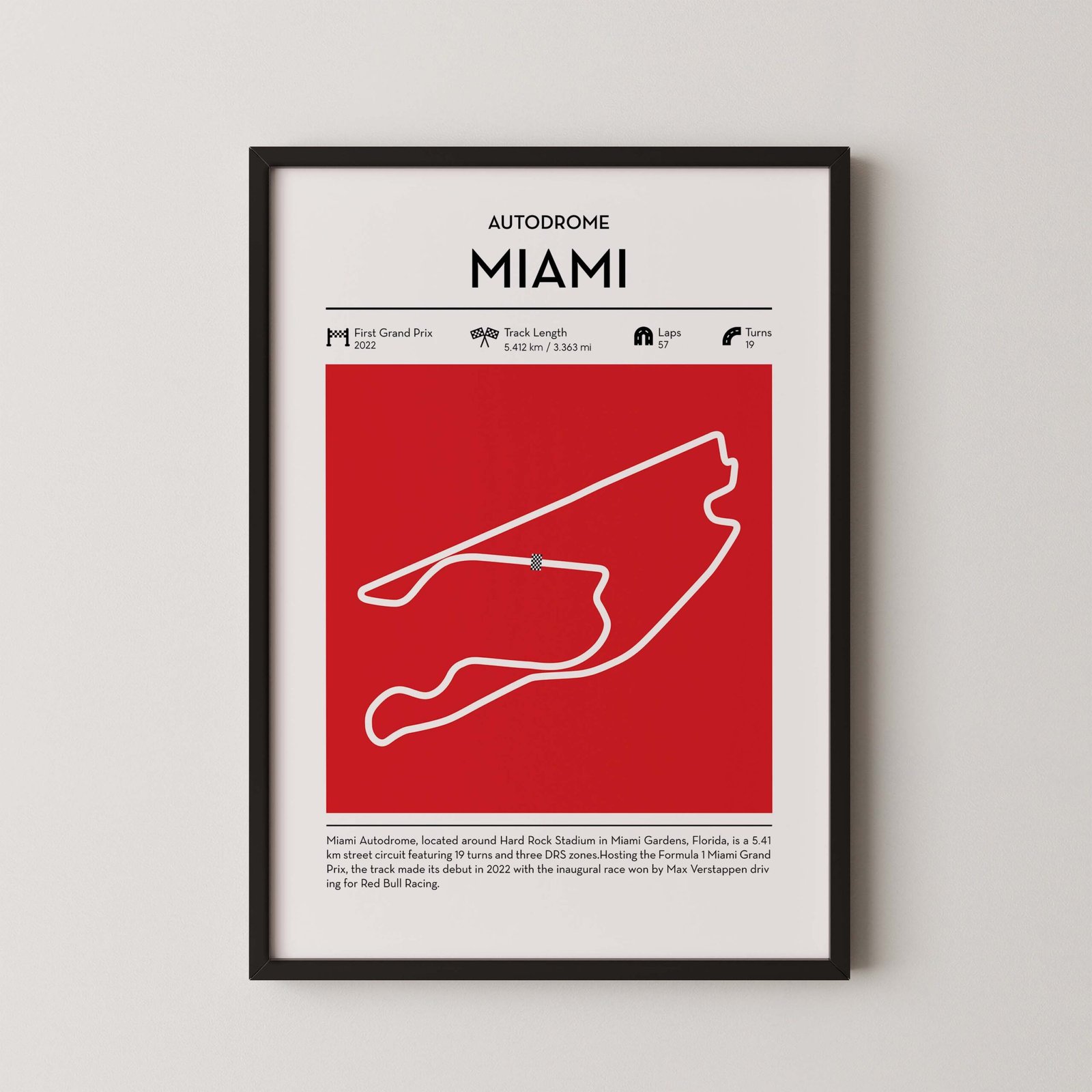 miami Formula 1 circuit map poster in red color minimalist racing wall art