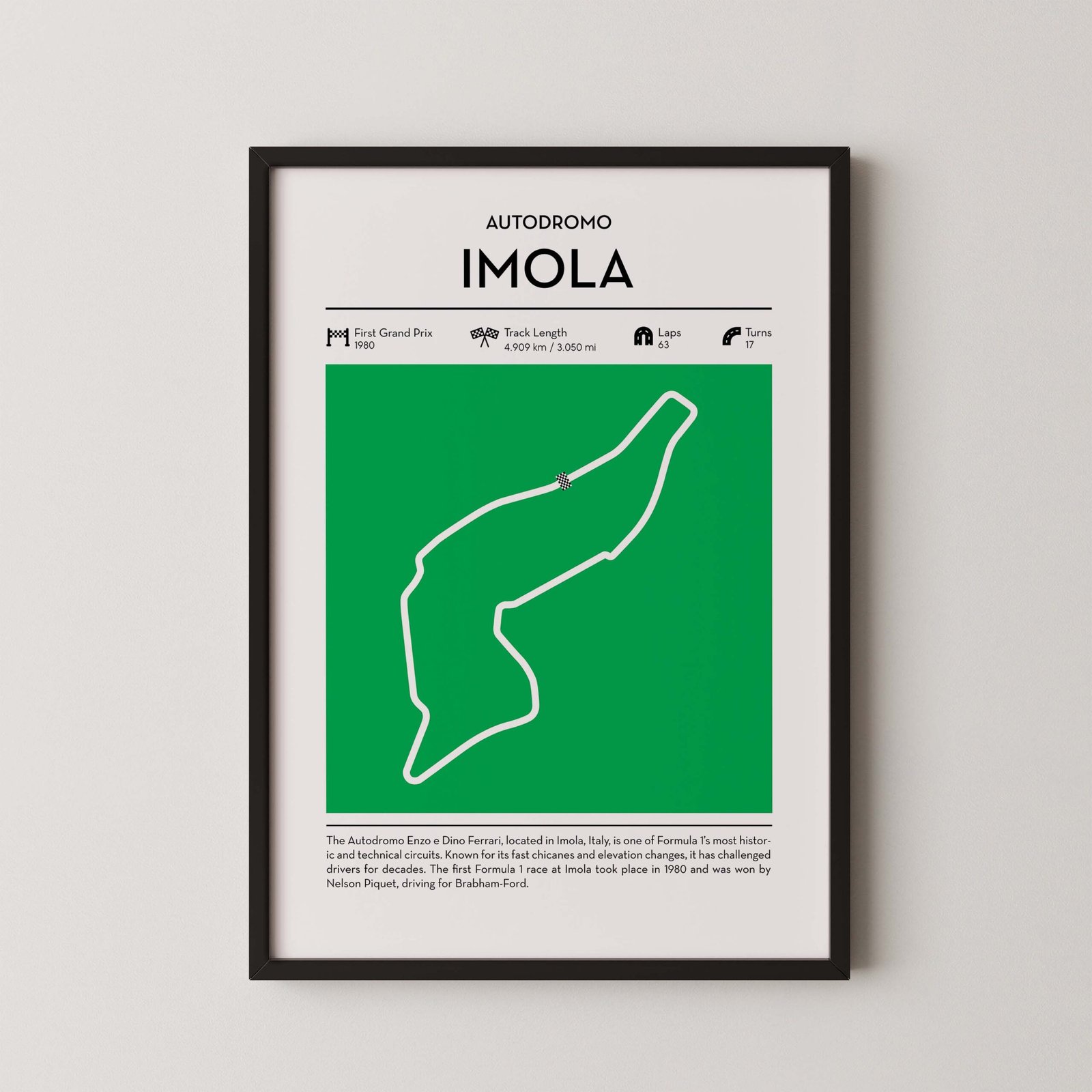 Green Imola Formula 1 track map artwork designed for racing and motorsport enthusiasts