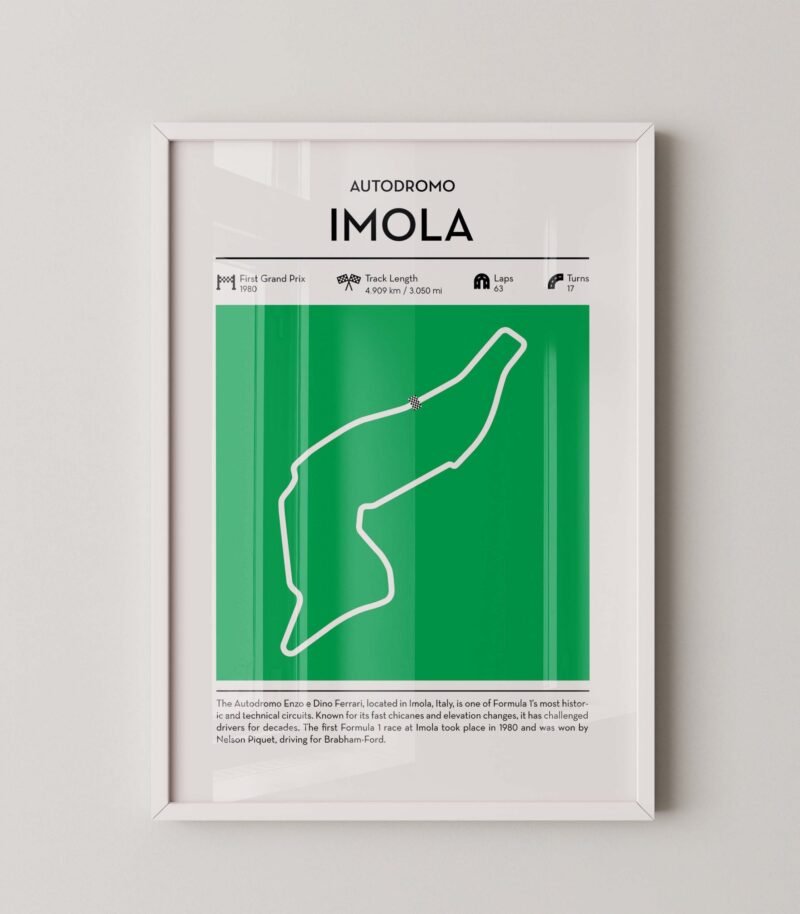 Green Imola Formula 1 track map artwork designed for racing and motorsport enthusiasts