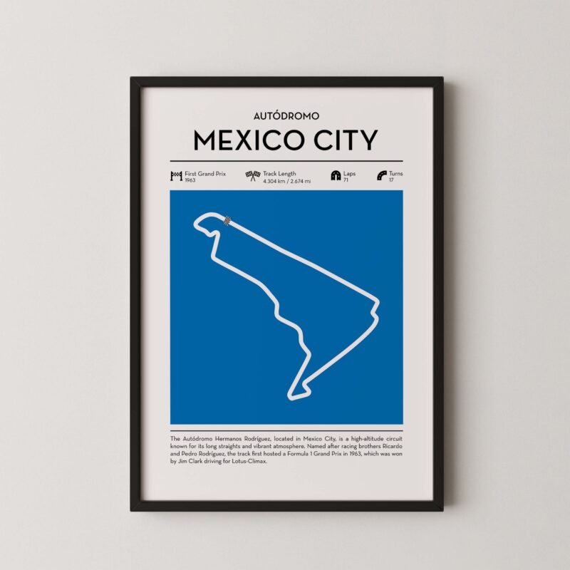 Mexico city racing circuit wall art featuring a clean and modern F1 track map layout