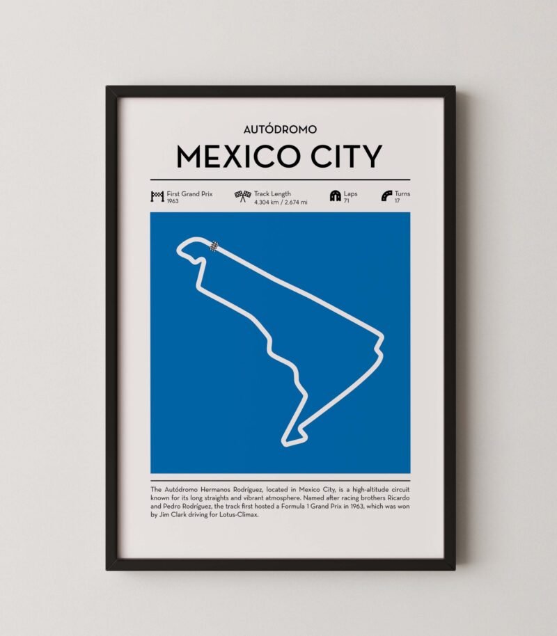 Mexico city racing circuit wall art featuring a clean and modern F1 track map layout