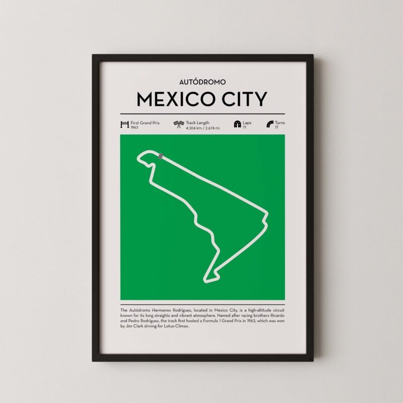 Green Mexico city Formula 1 track map artwork designed for racing and motorsport enthusiasts