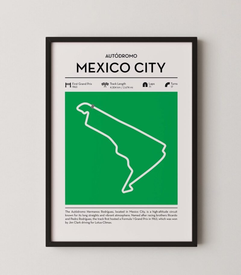 Green Mexico city Formula 1 track map artwork designed for racing and motorsport enthusiasts