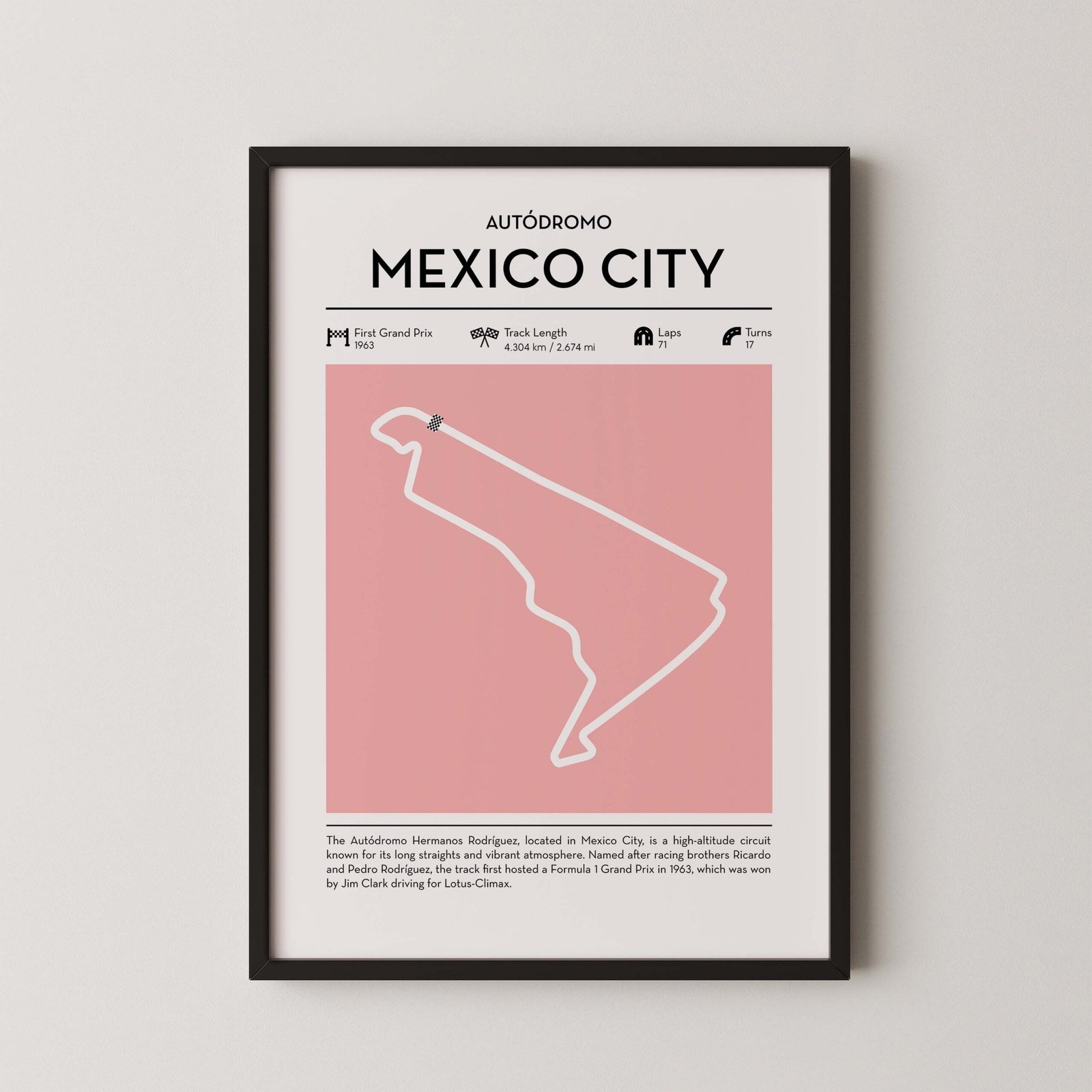 Modern Mexico city grand prix circuit poster with minimalist Formula 1 track design