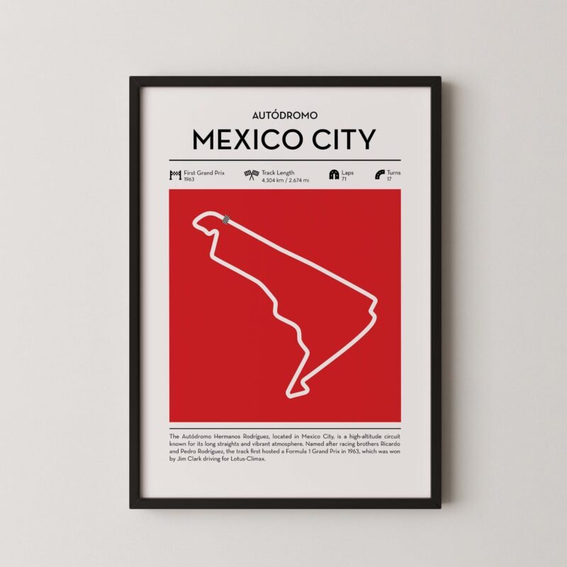 mexico city Formula 1 circuit map poster in red color minimalist racing wall art