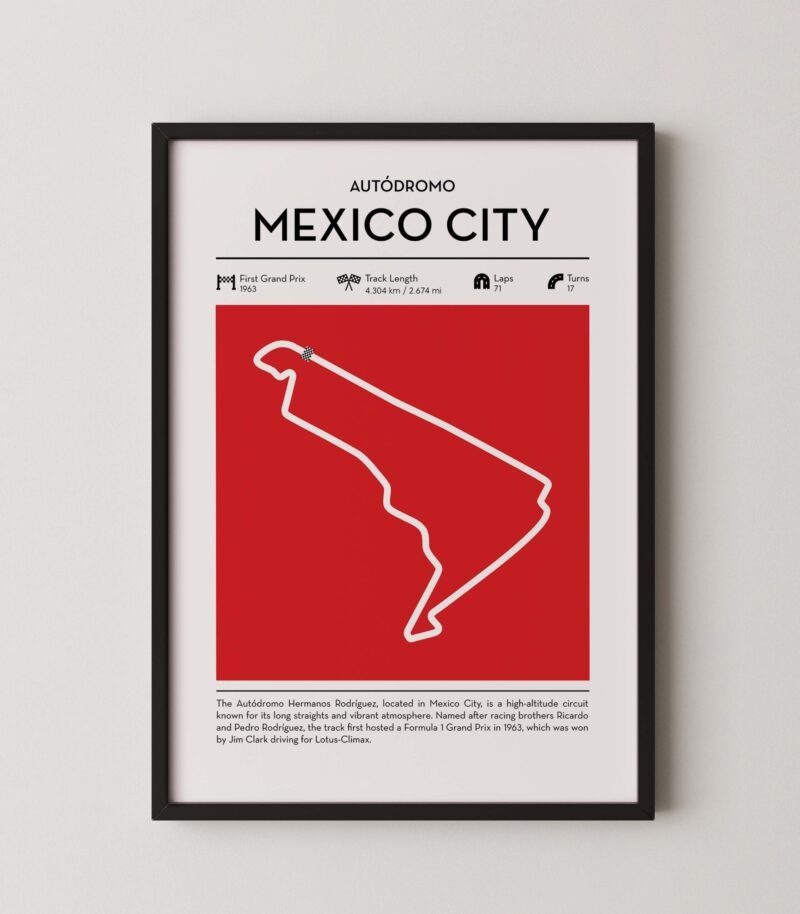mexico city Formula 1 circuit map poster in red color minimalist racing wall art