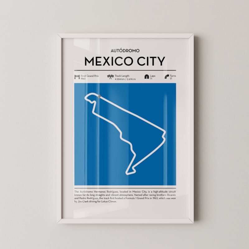 Mexico city racing circuit wall art featuring a clean and modern F1 track map layout