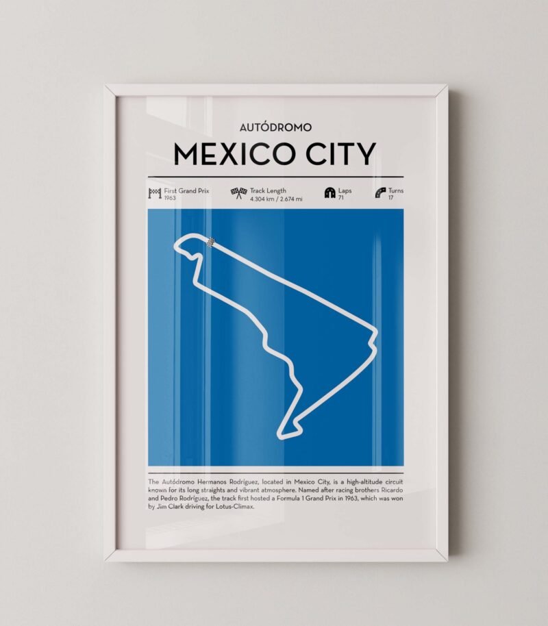 Mexico city racing circuit wall art featuring a clean and modern F1 track map layout