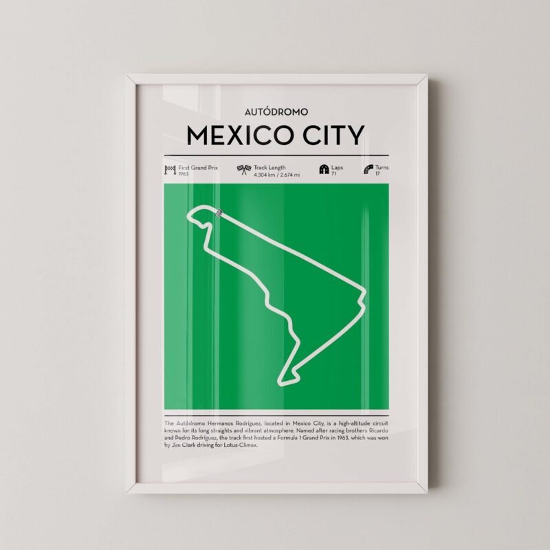 Green Mexico city Formula 1 track map artwork designed for racing and motorsport enthusiasts
