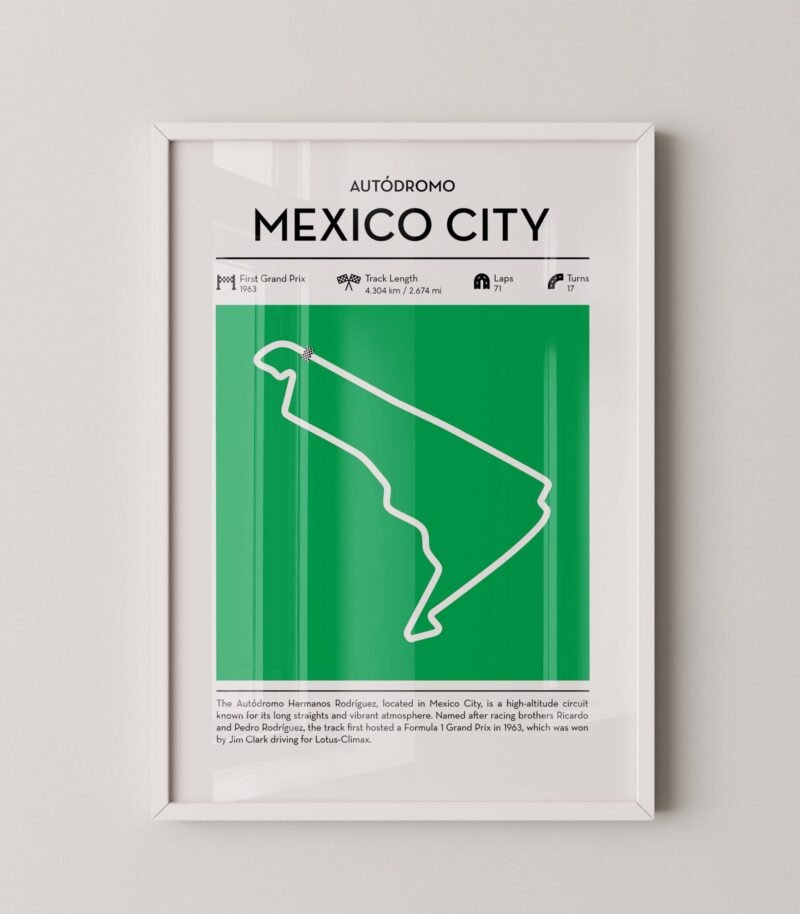 Green Mexico city Formula 1 track map artwork designed for racing and motorsport enthusiasts