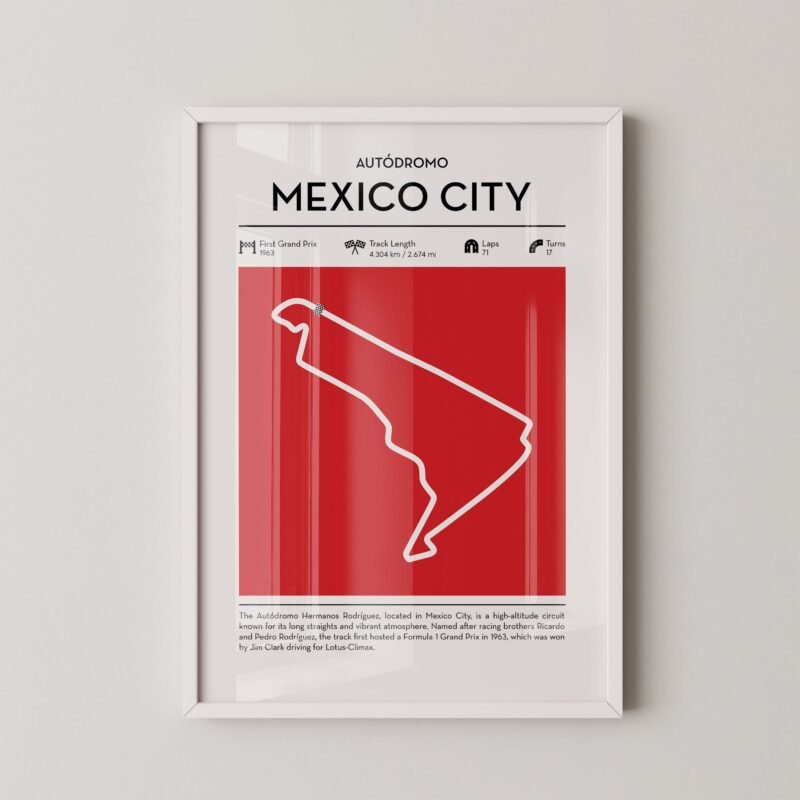 mexico city Formula 1 circuit map poster in red color minimalist racing wall art