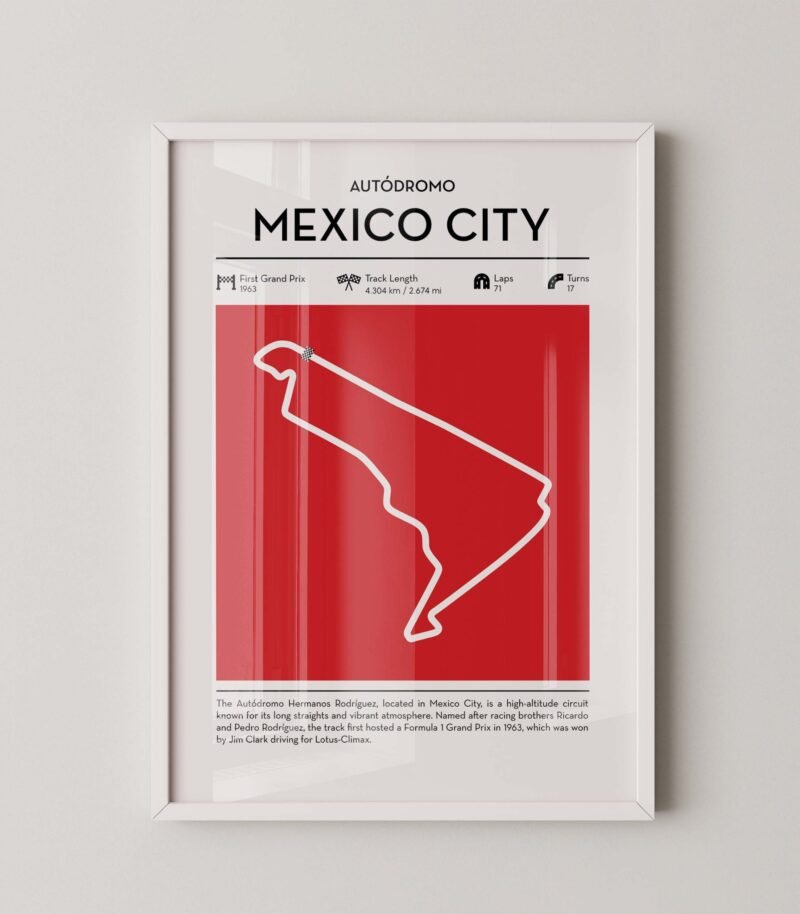 mexico city Formula 1 circuit map poster in red color minimalist racing wall art