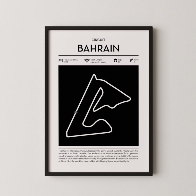 bahrain F1 track layout poster for motorsport and racing fans