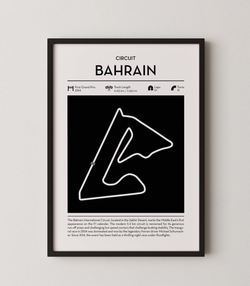 bahrain F1 track layout poster for motorsport and racing fans