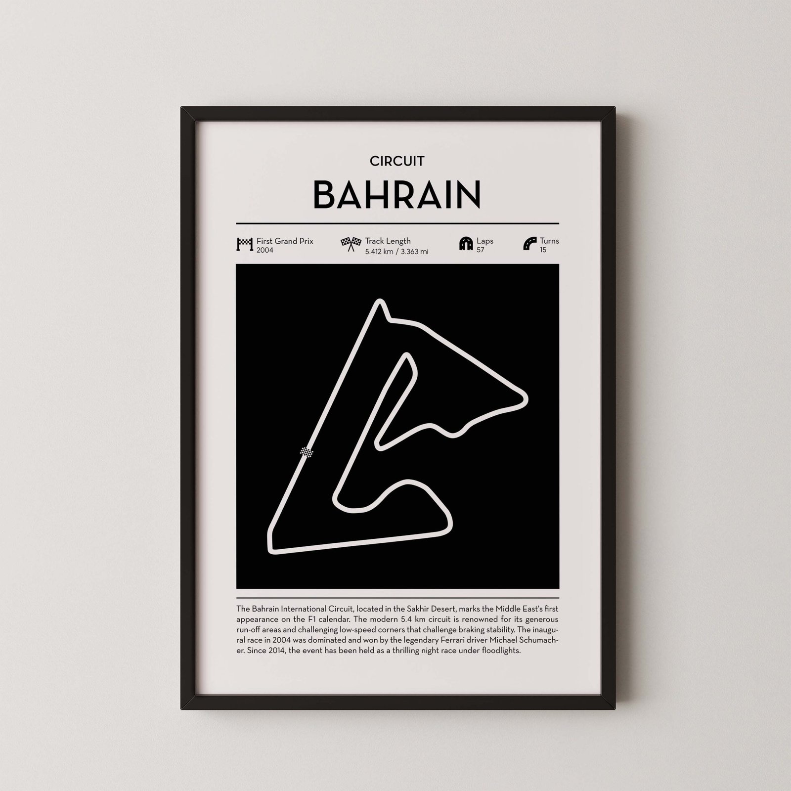 bahrain F1 track layout poster for motorsport and racing fans