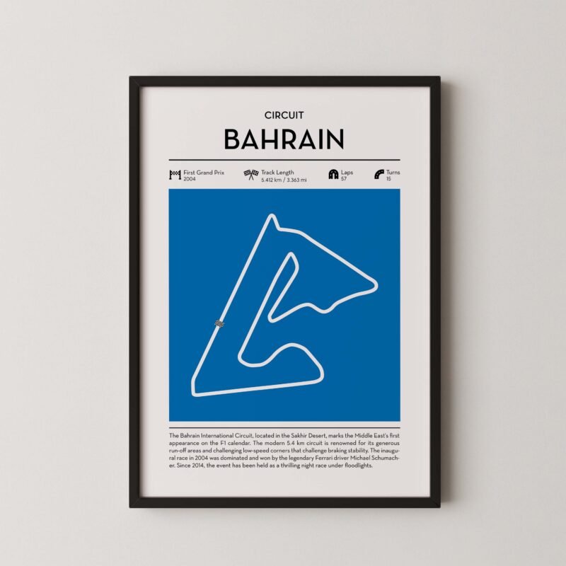 modern bahrain Grand Prix circuit poster with minimalist Formula 1 track design