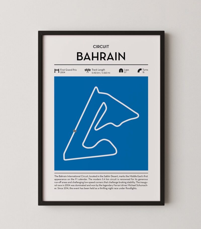 modern bahrain Grand Prix circuit poster with minimalist Formula 1 track design
