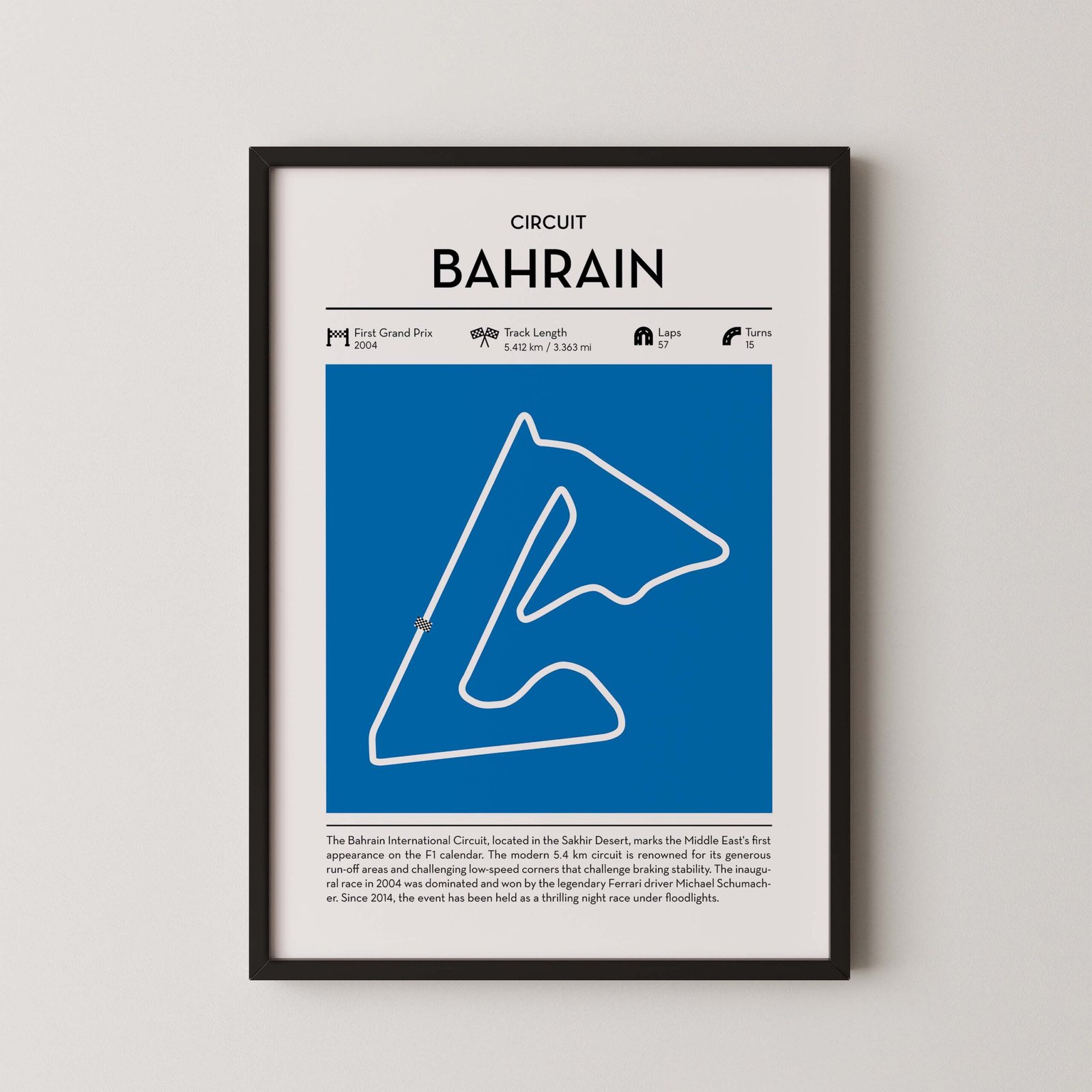 modern bahrain Grand Prix circuit poster with minimalist Formula 1 track design