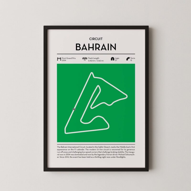 bahrain racing circuit wall art featuring a clean and modern F1 track map layout