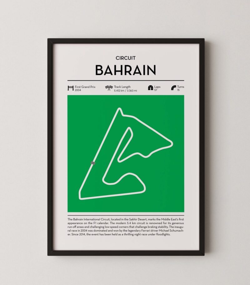 bahrain racing circuit wall art featuring a clean and modern F1 track map layout