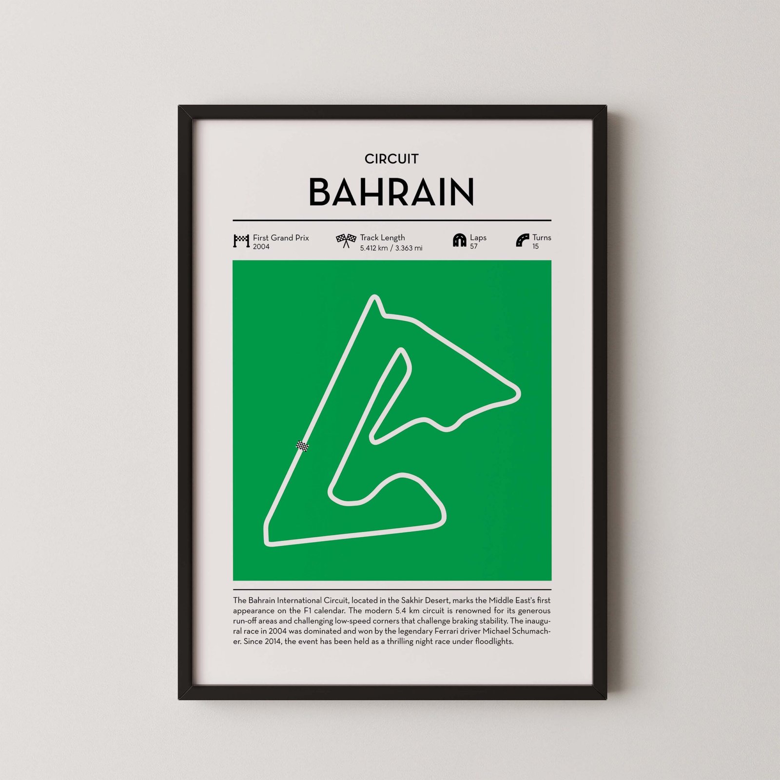 bahrain racing circuit wall art featuring a clean and modern F1 track map layout