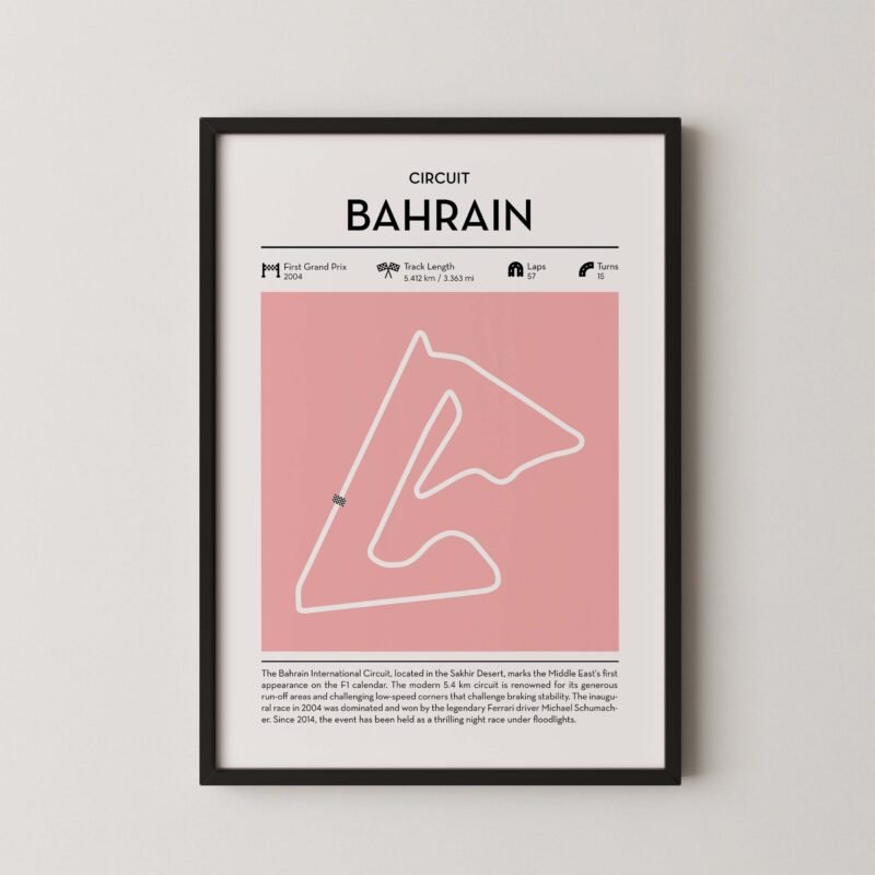 bahrain Formula 1 track map artwork designed for racing and motorsport enthusiasts