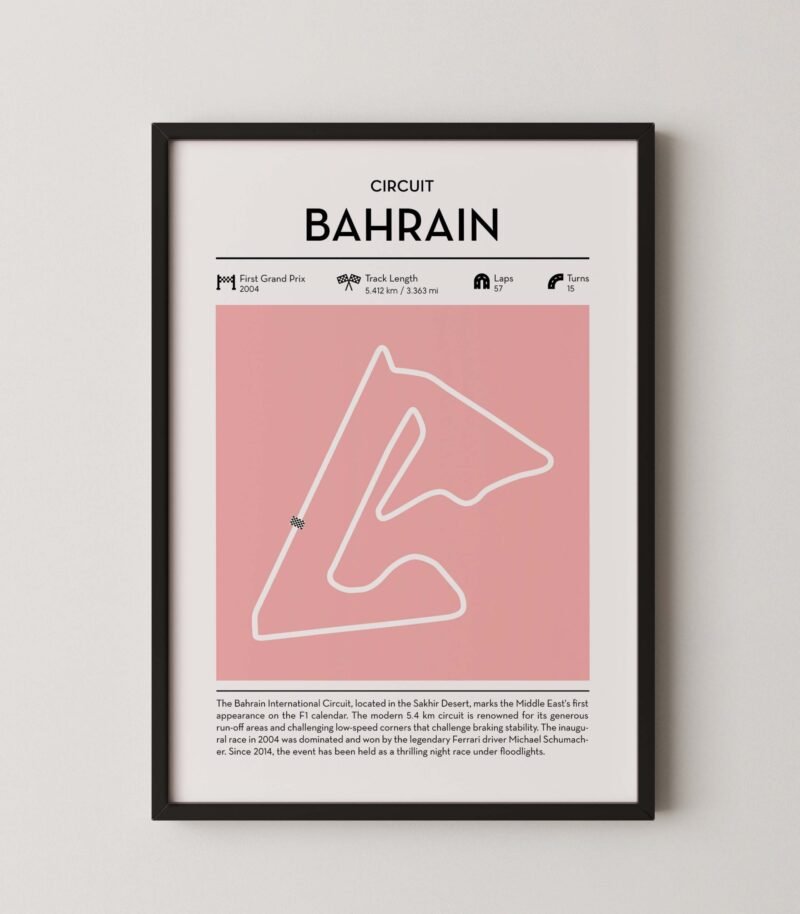 bahrain Formula 1 track map artwork designed for racing and motorsport enthusiasts