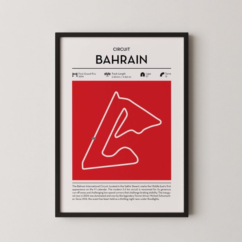 bahrain Formula 1 circuit map poster in red color minimalist racing wall art