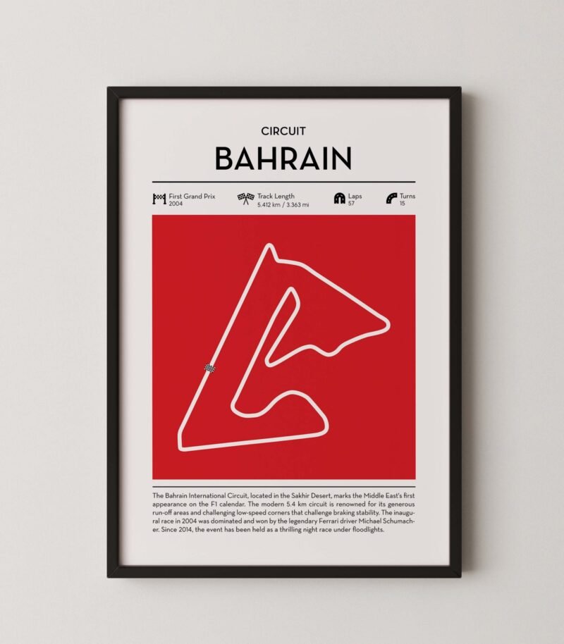 bahrain Formula 1 circuit map poster in red color minimalist racing wall art