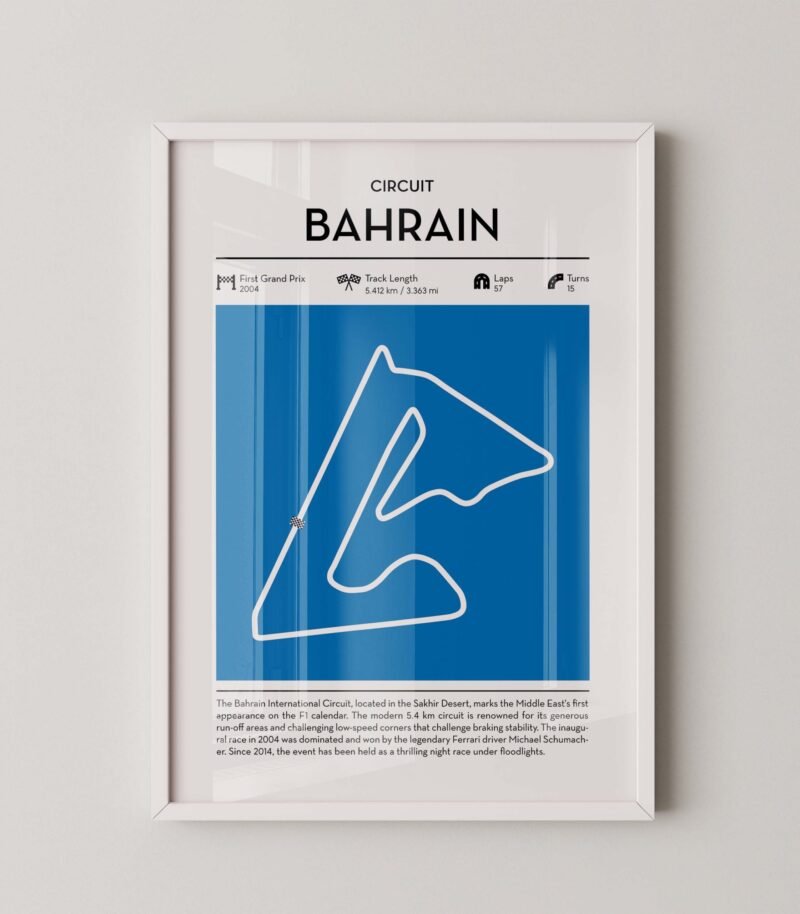 modern bahrain Grand Prix circuit poster with minimalist Formula 1 track design