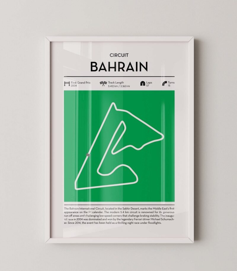 bahrain racing circuit wall art featuring a clean and modern F1 track map layout