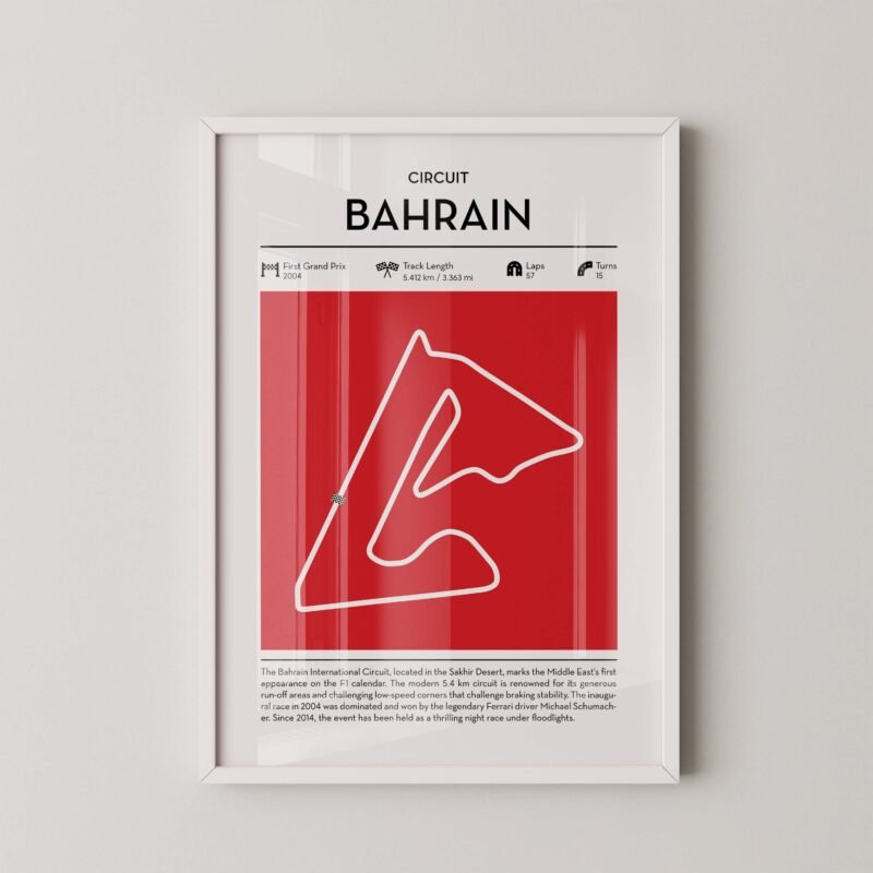 bahrain Formula 1 circuit map poster in red color minimalist racing wall art