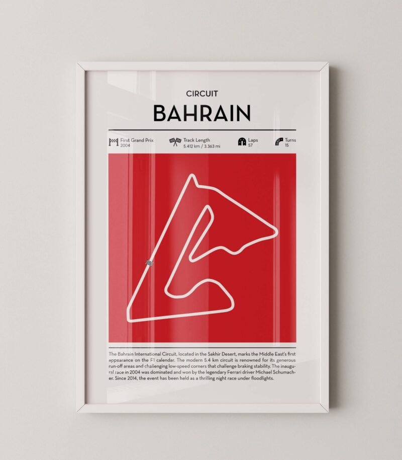 bahrain Formula 1 circuit map poster in red color minimalist racing wall art
