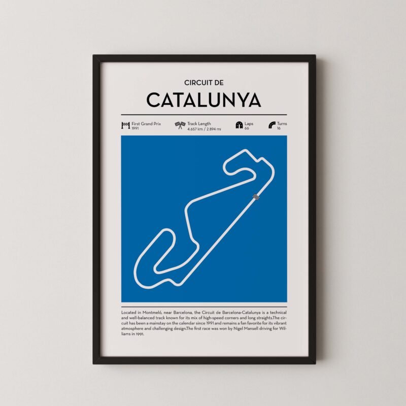 Barcelona-Catalunya racing circuit wall art featuring a clean and modern F1 track map layout