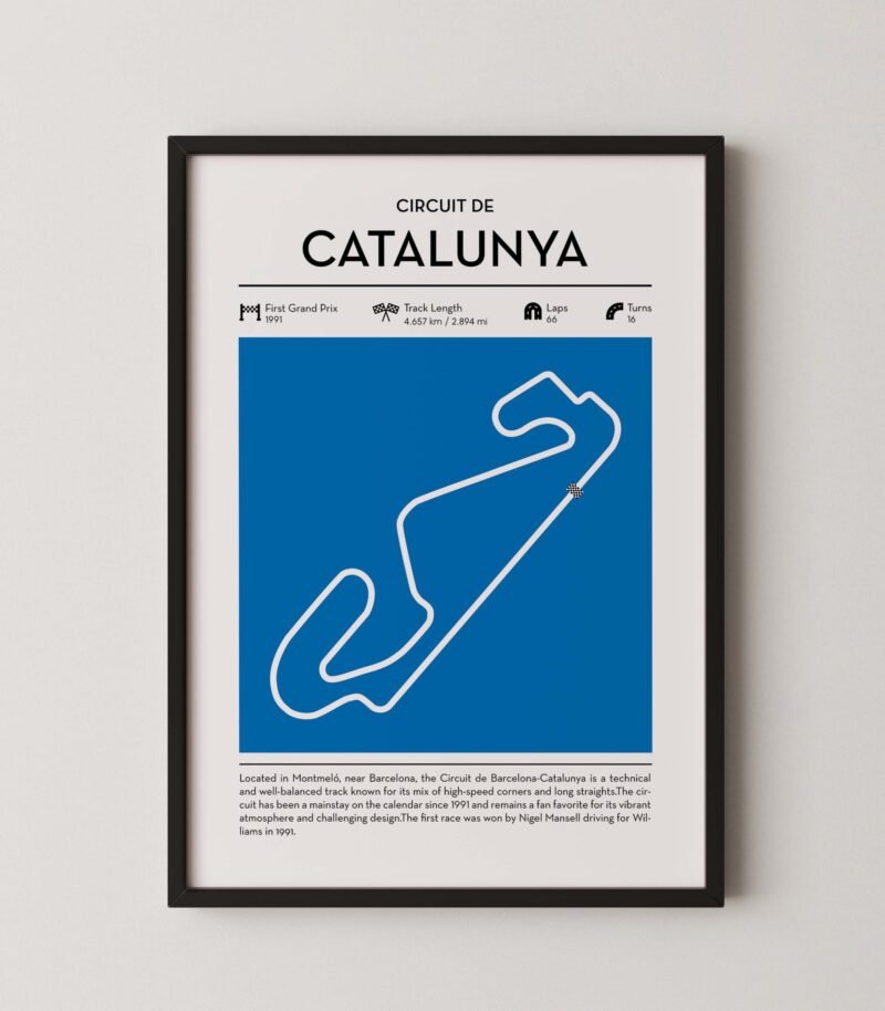 Barcelona-Catalunya racing circuit wall art featuring a clean and modern F1 track map layout