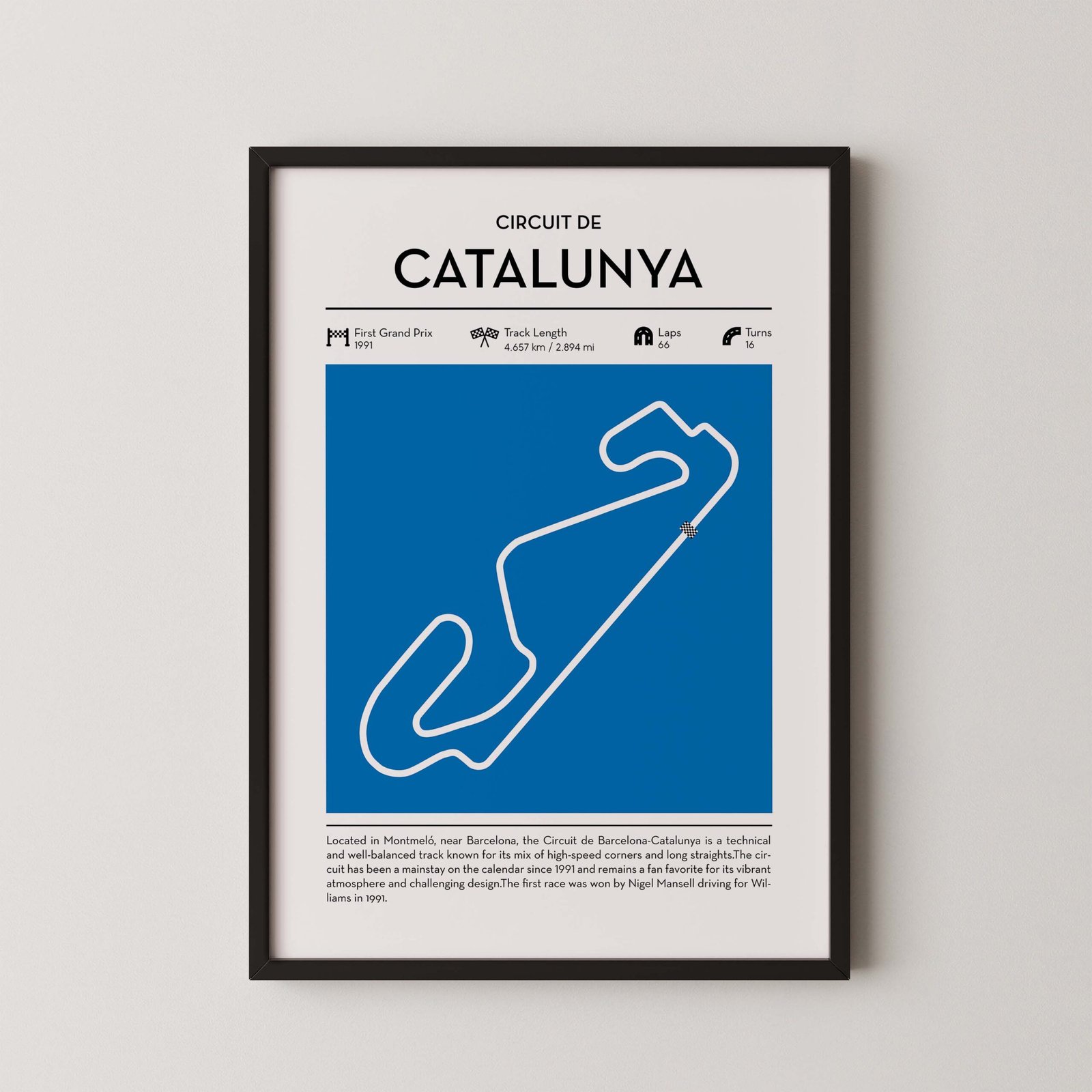 Barcelona-Catalunya racing circuit wall art featuring a clean and modern F1 track map layout