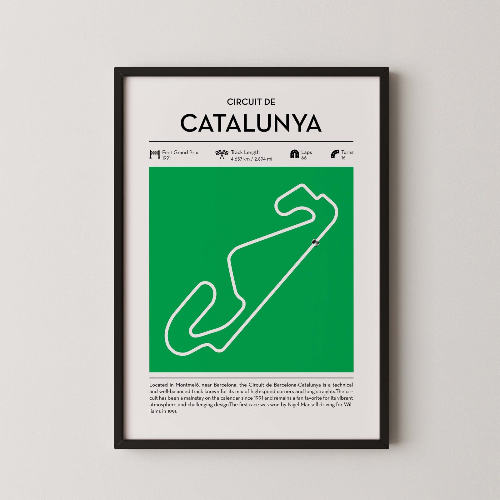 Circuit de Barcelona-Catalunya Monaco Formula 1 track map artwork designed for racing and motorsport enthusiasts