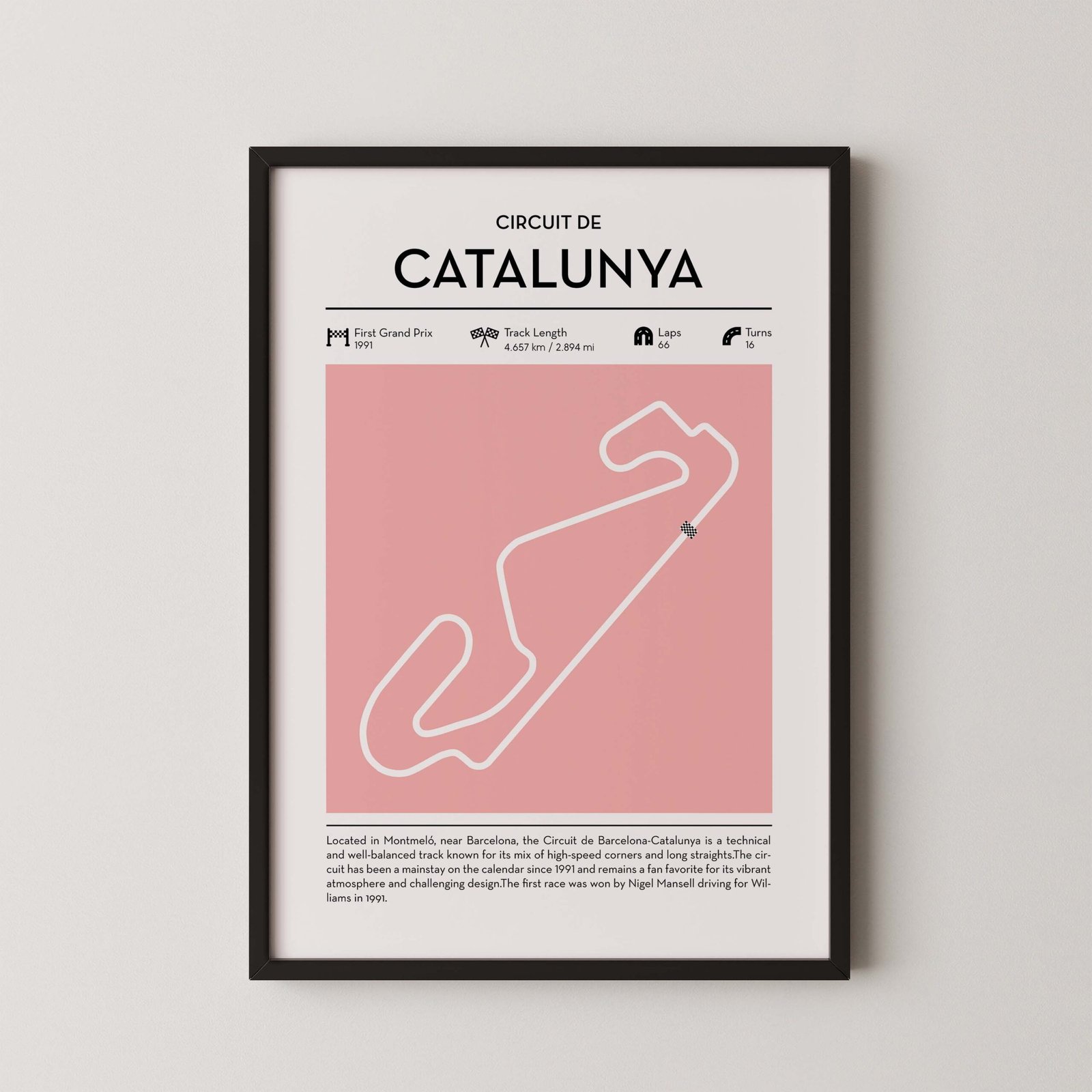 Modern Catalunya Grand Prix circuit poster with minimalist Formula 1 track design