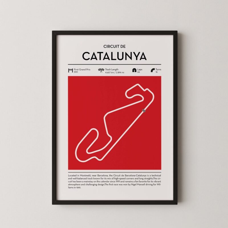 Catalunya Formula 1 circuit map poster in red color minimalist racing wall art