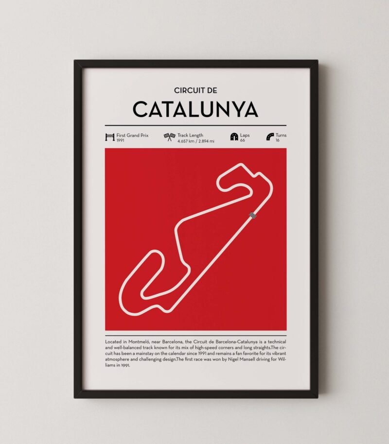 Catalunya Formula 1 circuit map poster in red color minimalist racing wall art