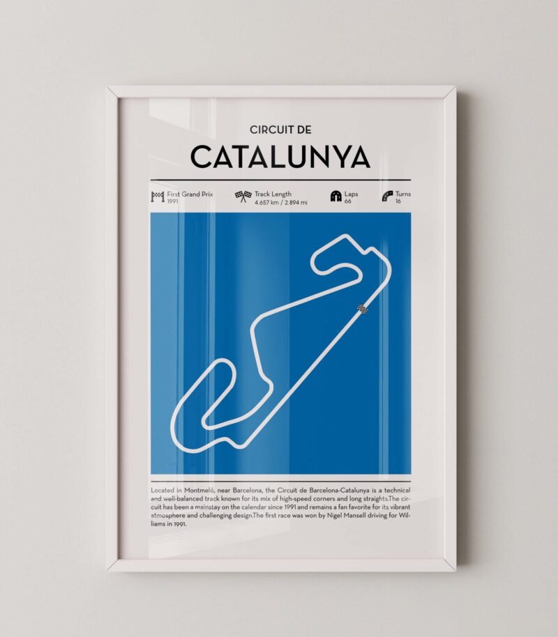 Barcelona-Catalunya racing circuit wall art featuring a clean and modern F1 track map layout
