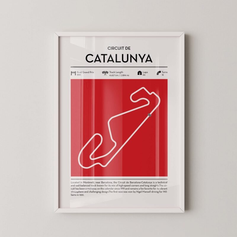Catalunya Formula 1 circuit map poster in red color minimalist racing wall art