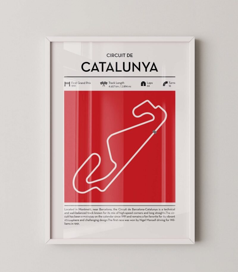 Catalunya Formula 1 circuit map poster in red color minimalist racing wall art