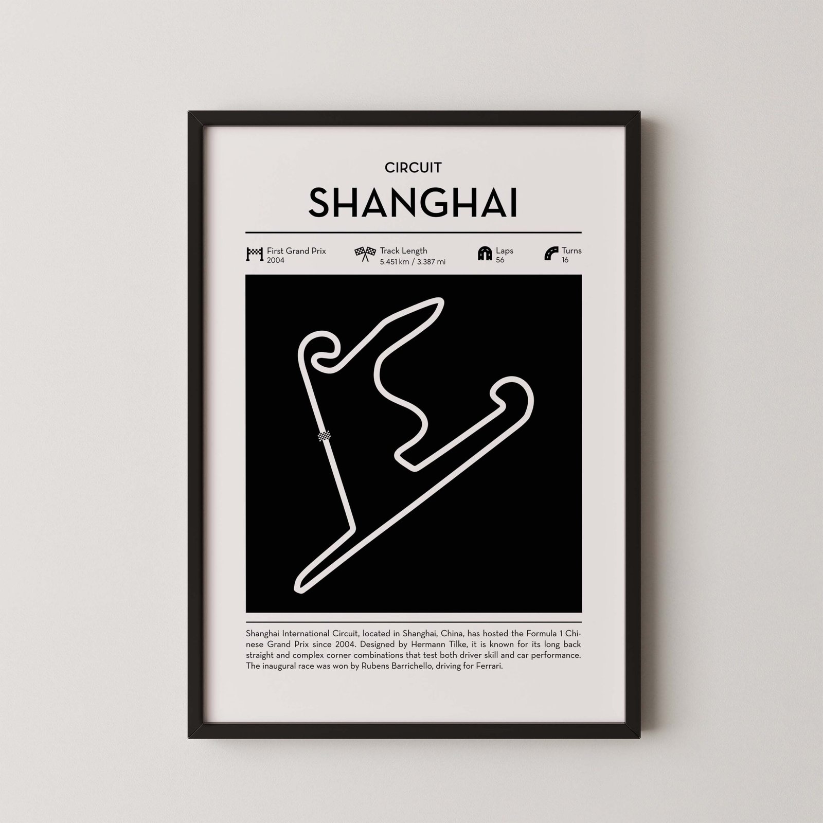 minimal Shanghai F1 track layout poster for motorsport and racing fans