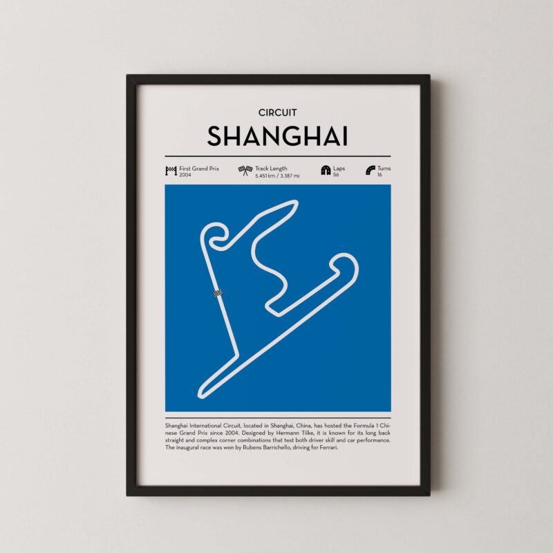 Shanghai racing circuit wall art featuring a clean and modern F1 track map layout